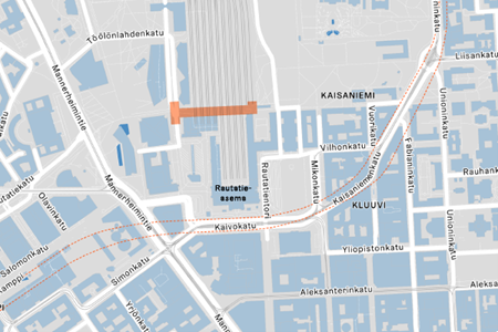 Map of the Kaisa tunnel plan in relation to current Kaivokatu cycle path