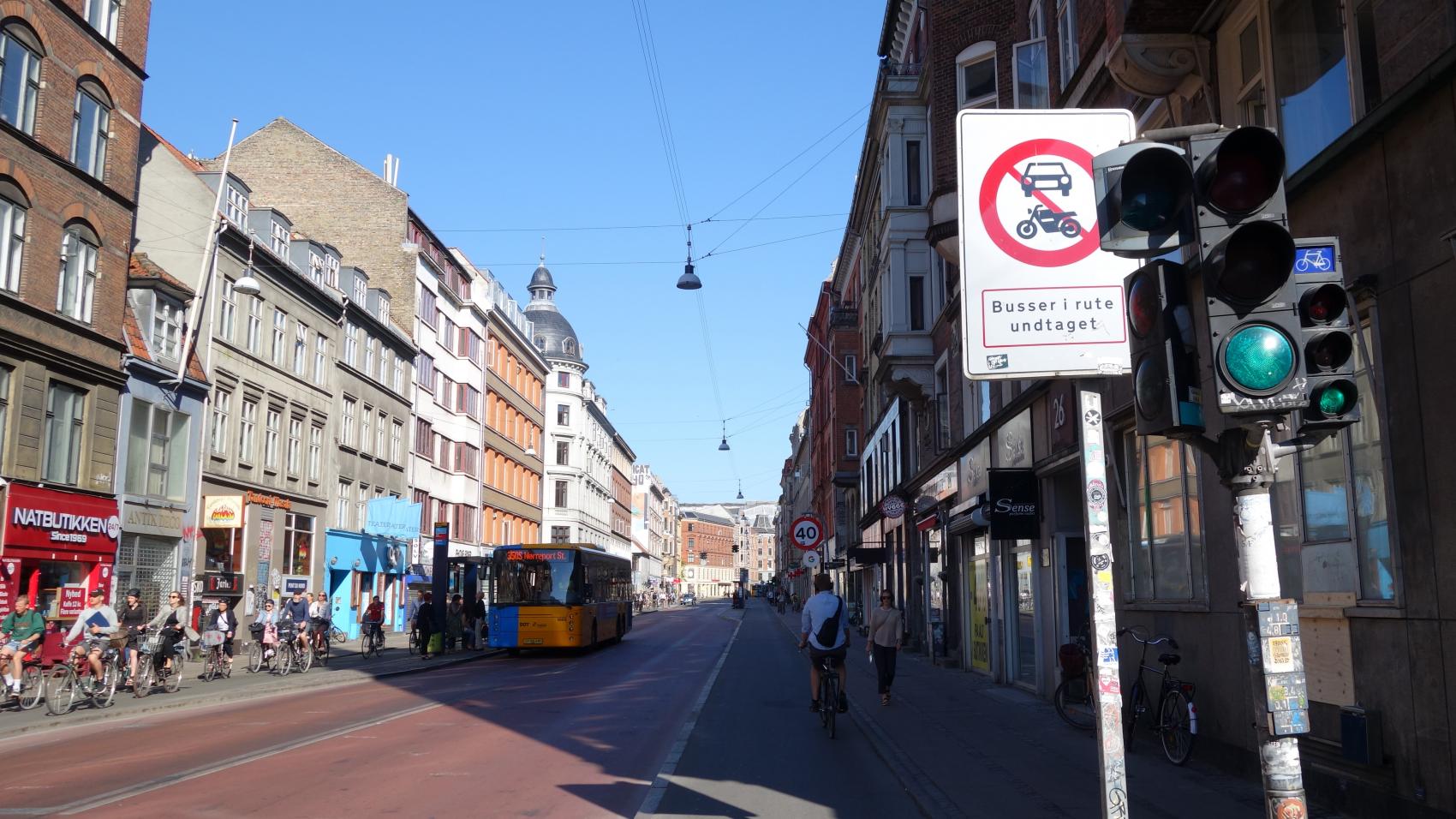 One of the sections of Nørrebrogade closed to motorised traffic. Only bicycles and busses are allowed through the next 100 m.